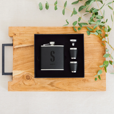 Faux Leather Wrapped Flask Gift Box Set- Sans Serif Monogram