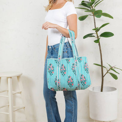 Quilted Tote Bag - Aqua Stripe