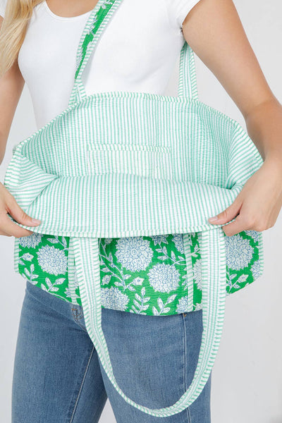 Quilted Tote Bag - Green Floral