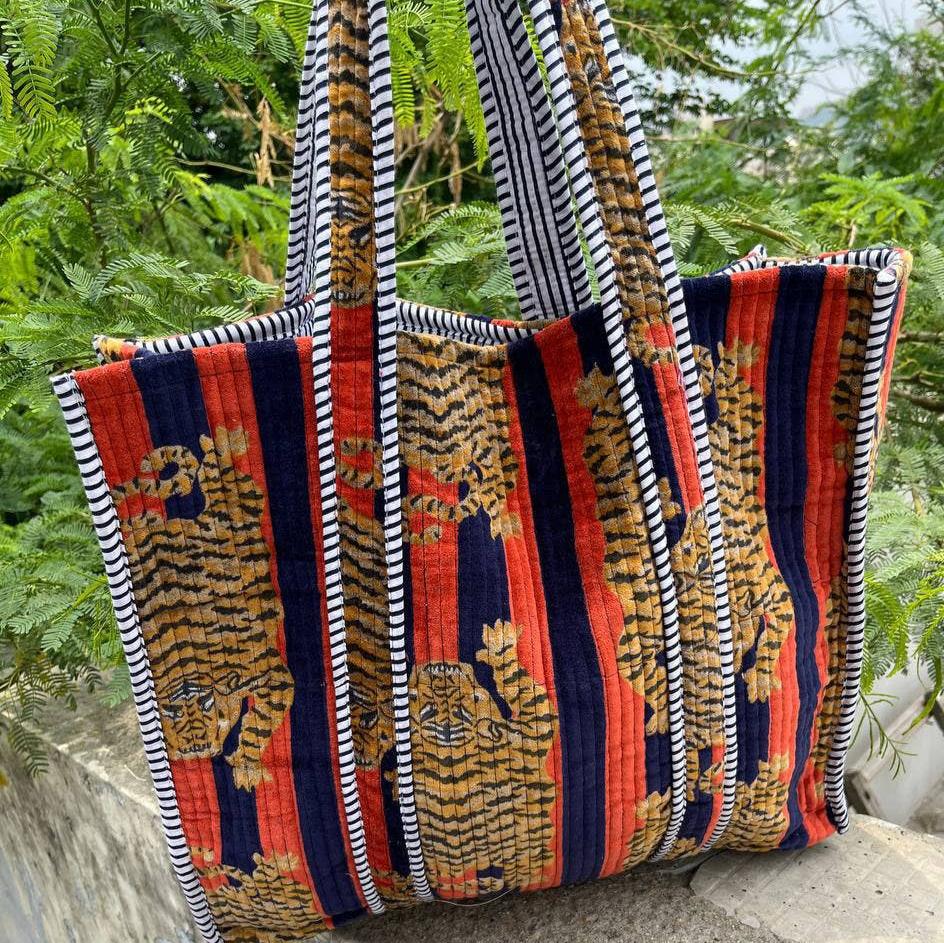 Tiger Print Bag - Navy & Orange