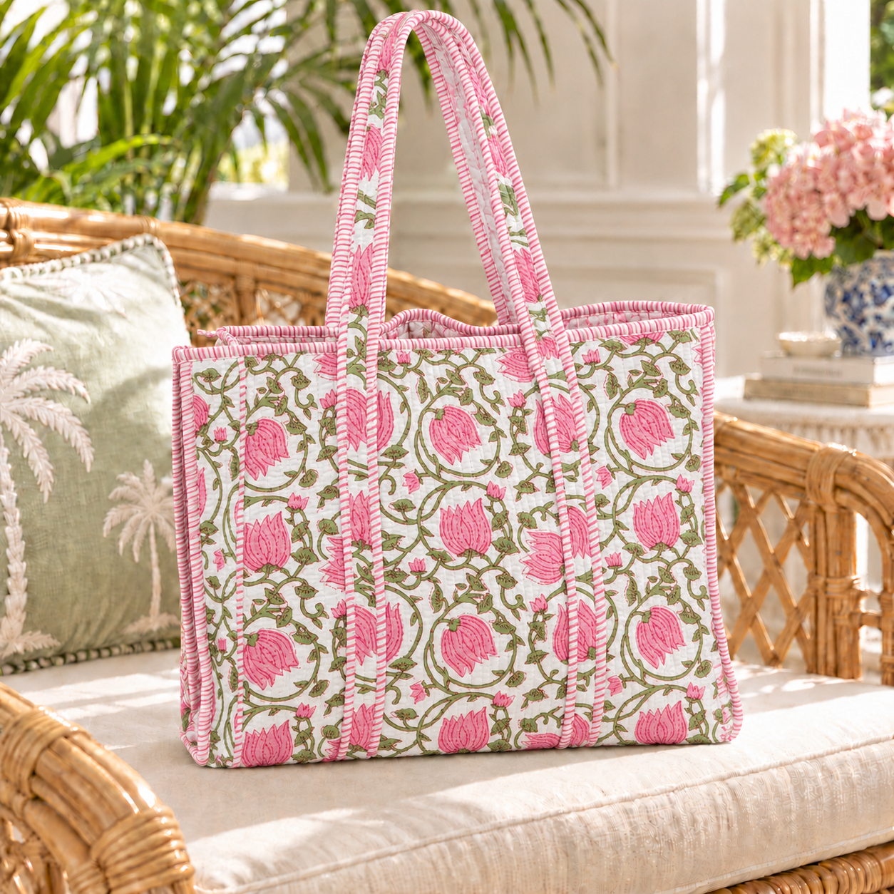 Floral Quilted Cotton Tote Bag - Pink