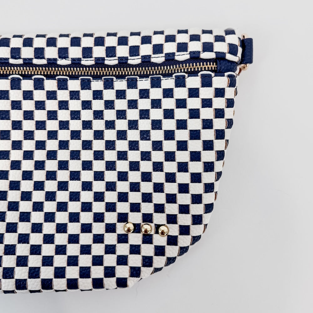 Crossbody Woven Belt Bag - Navy and White Checkered