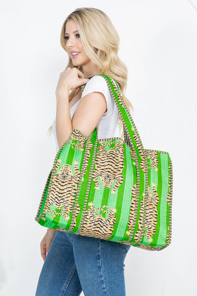 Tiger Handmade Reversible Tote Bag - Bright Green