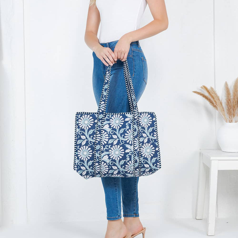 Quilted Tote Bag - Navy Floral
