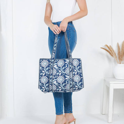 Quilted Tote Bag - Navy Floral