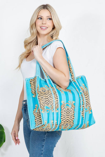 Tiger Handmade Reversible Tote Bag - Aqua