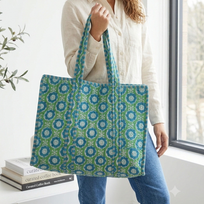 Quilted Tote Bag - Light Blue and Green