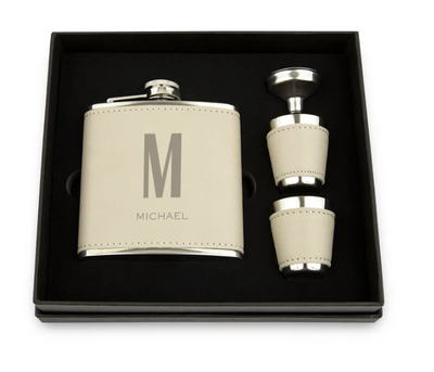 Faux Leather Wrapped Flask Gift Box Set- Sans Serif Monogram