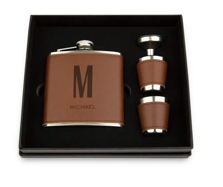 Faux Leather Wrapped Flask Gift Box Set- Sans Serif Monogram