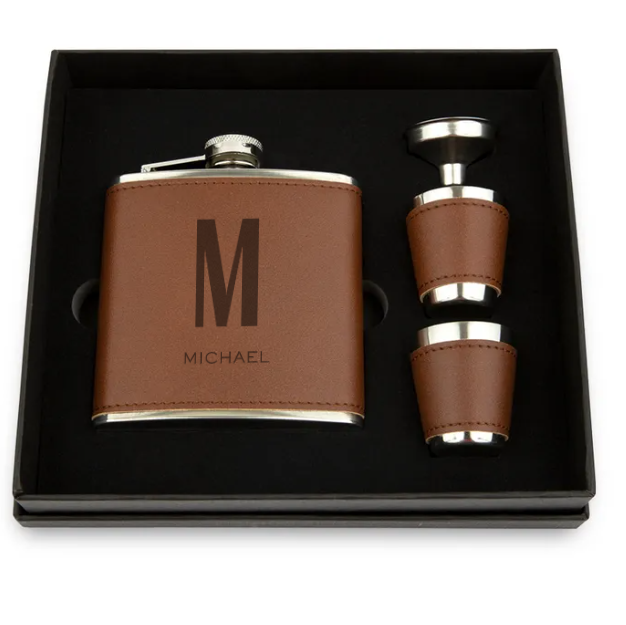 Faux Leather Wrapped Flask Gift Box Set- Sans Serif Monogram