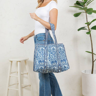 Reversible Quilted Tote Bag - Blue Floral