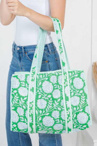 Quilted Tote Bag - Green Floral