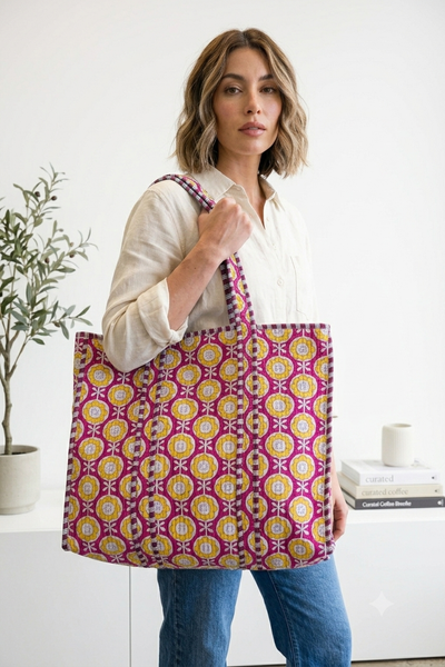 Quilted Tote Bag - Purple & Yellow