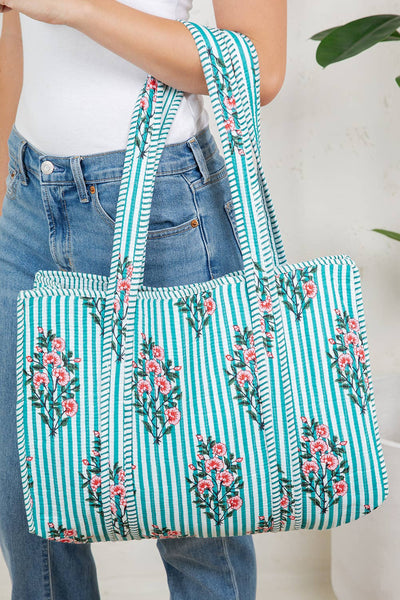 Quilted Tote Bag - Aqua Stripe