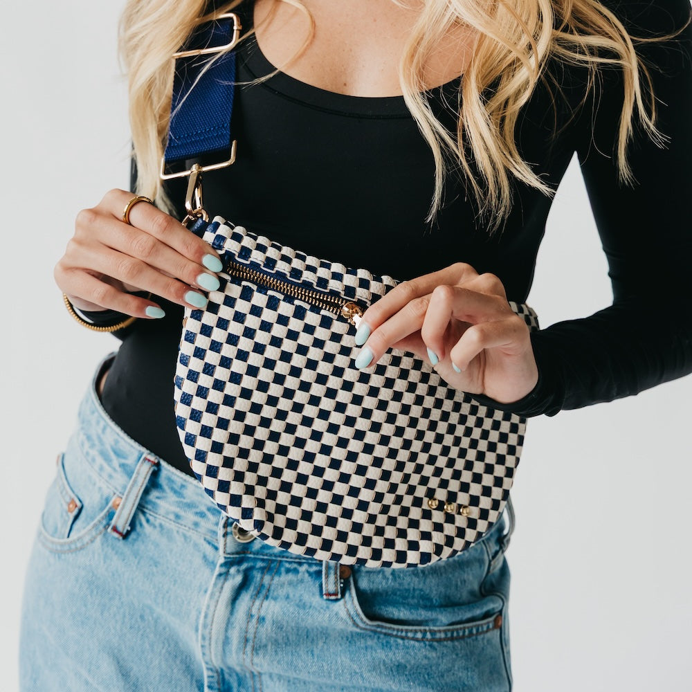 Crossbody Woven Belt Bag - Navy and White Checkered