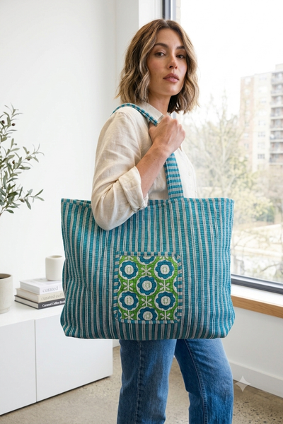 Quilted Tote Bag - Light Blue and Green