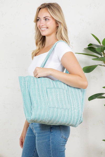 Quilted Tote Bag - Aqua Stripe