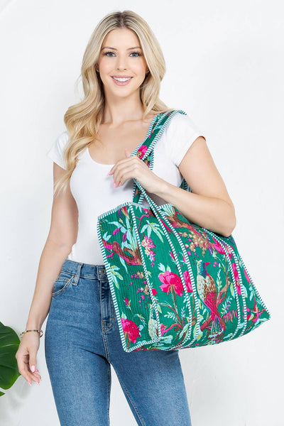 Bird Quilted Tote Bag - Aqua and Hot Pink