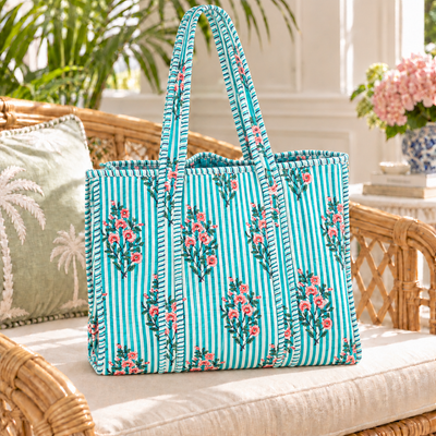 Quilted Tote Bag - Aqua Stripe