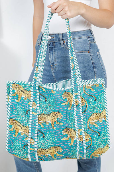 Reversible Quilted Cotton Tote Bag - Aqua Leopard