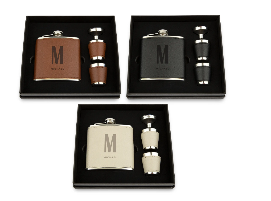 Faux Leather Wrapped Flask Gift Box Set- Sans Serif Monogram