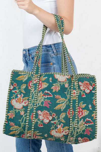 Quilted Tote Bag - Dark Green