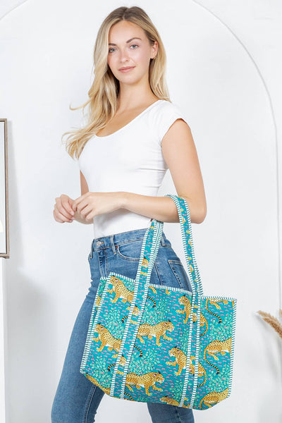 Reversible Quilted Cotton Tote Bag - Aqua Leopard