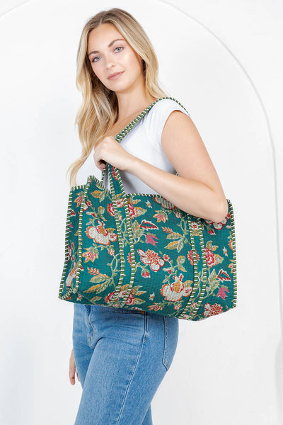 Quilted Tote Bag - Dark Green