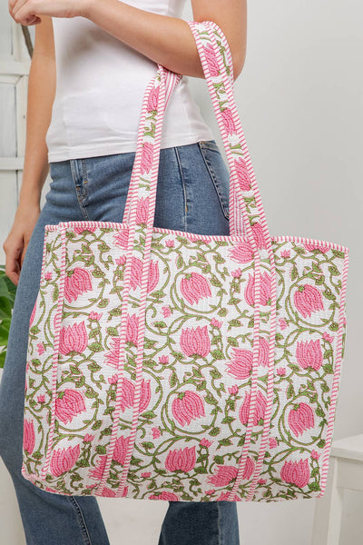 Floral Quilted Cotton Tote Bag - Pink