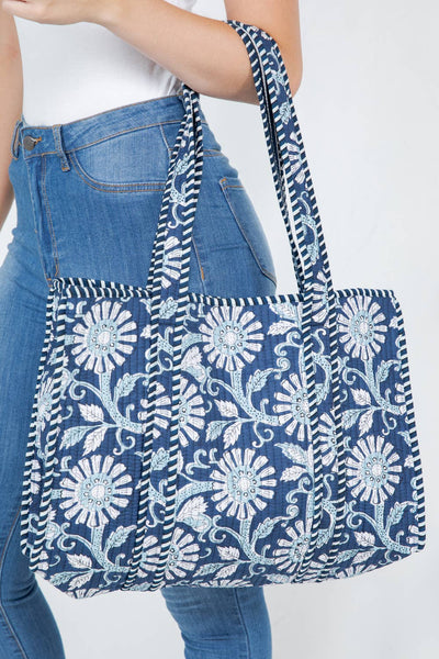Quilted Tote Bag - Navy Floral