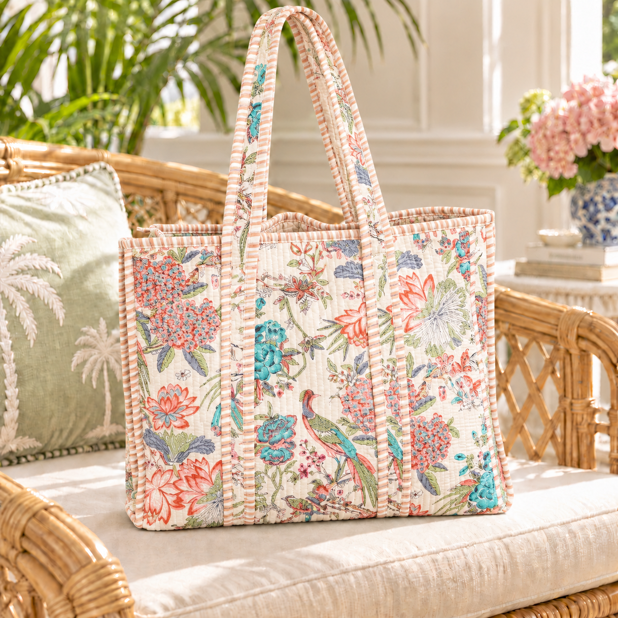 Reversible Quilted Tote Bag - Cream