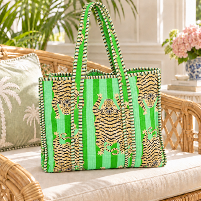 Tiger Handmade Reversible Tote Bag - Bright Green