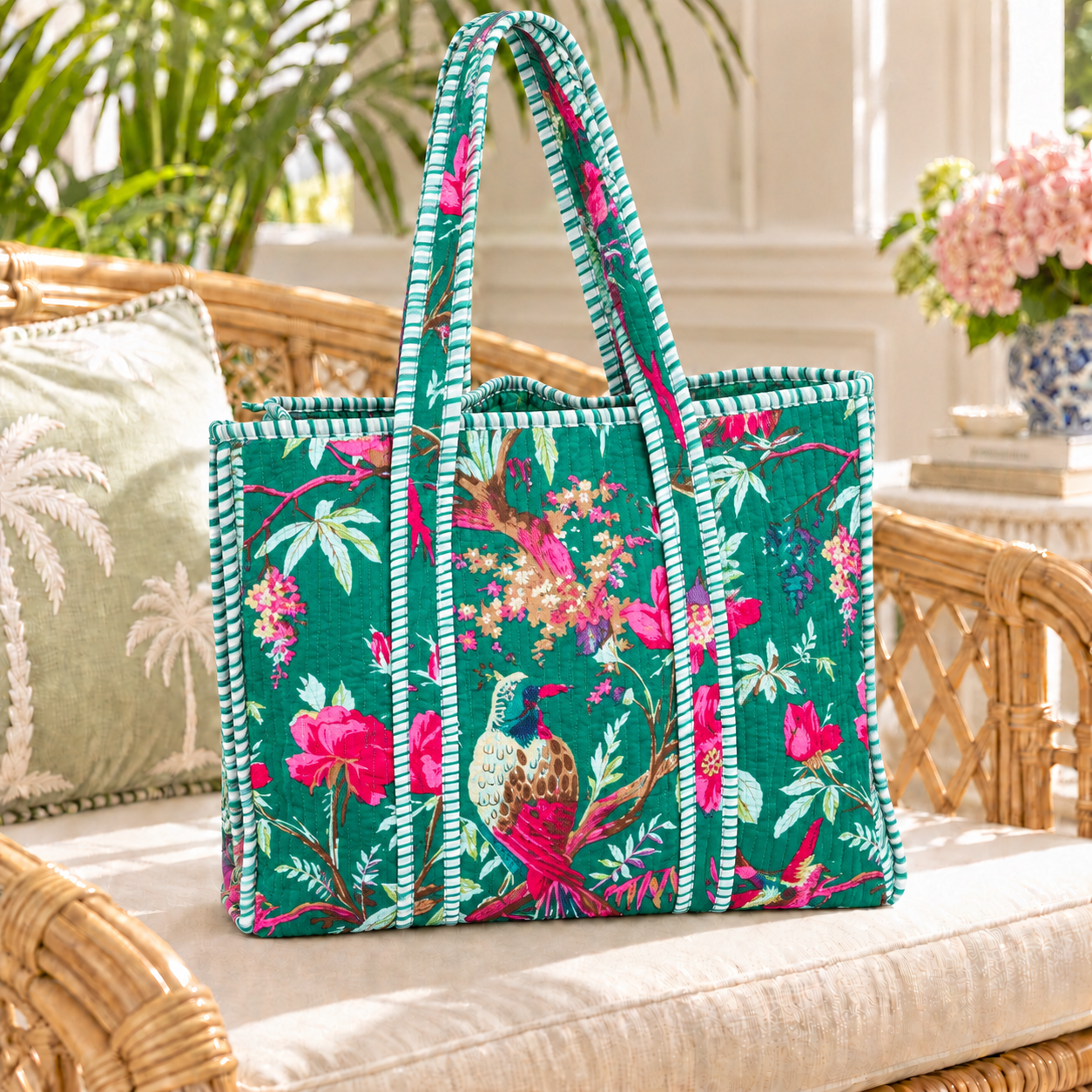 Bird Quilted Tote Bag - Aqua and Hot Pink