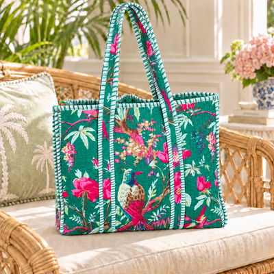 Bird Quilted Tote Bag - Aqua and Hot Pink