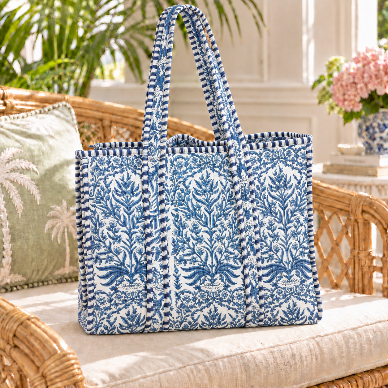 Reversible Quilted Tote Bag - Blue Floral