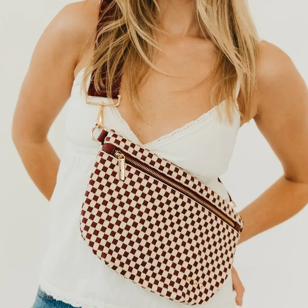 Crossbody Woven Belt Bag - Cardinal Red and White Checkered