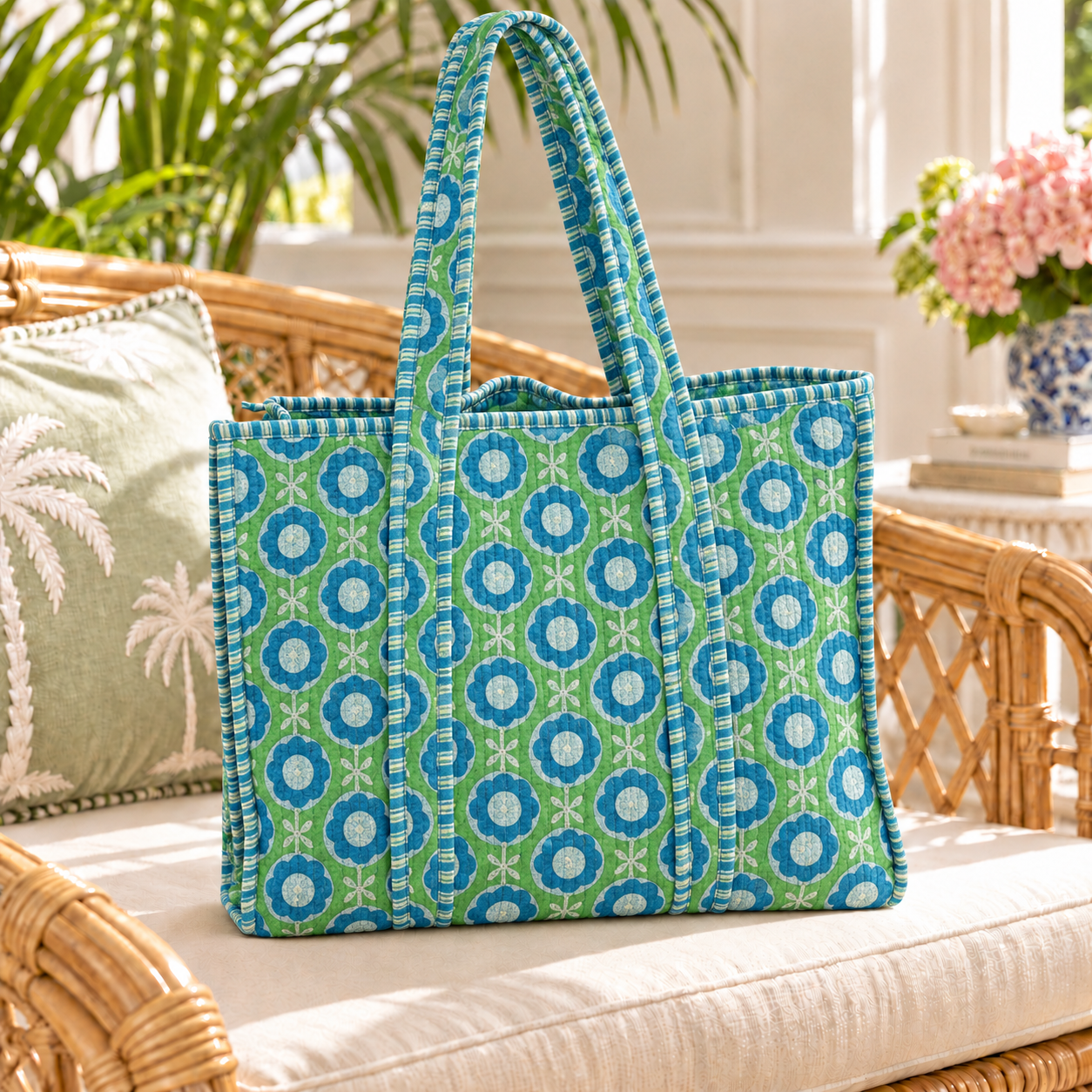 Quilted Tote Bag - Light Blue and Green