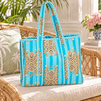 Tiger Handmade Reversible Tote Bag - Aqua