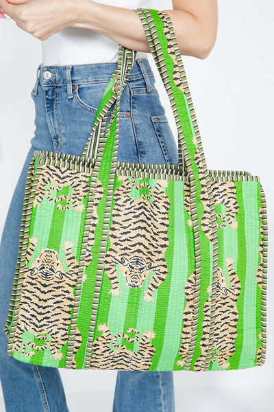Tiger Handmade Reversible Tote Bag - Bright Green