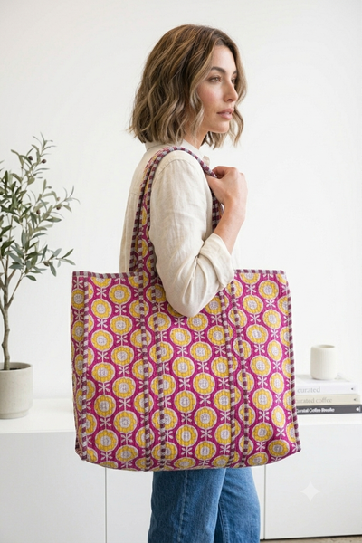 Quilted Tote Bag - Purple & Yellow