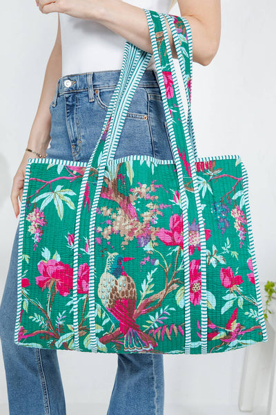 Bird Quilted Tote Bag - Aqua and Hot Pink