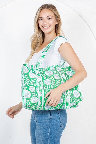 Quilted Tote Bag - Green Floral
