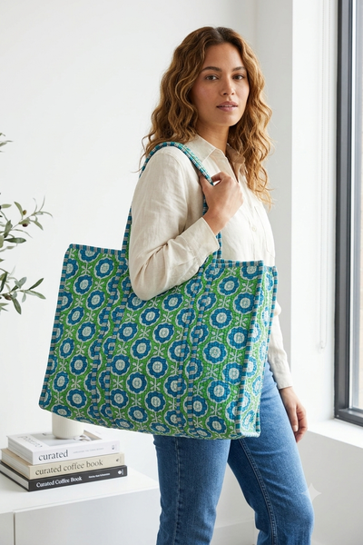 Quilted Tote Bag - Light Blue and Green