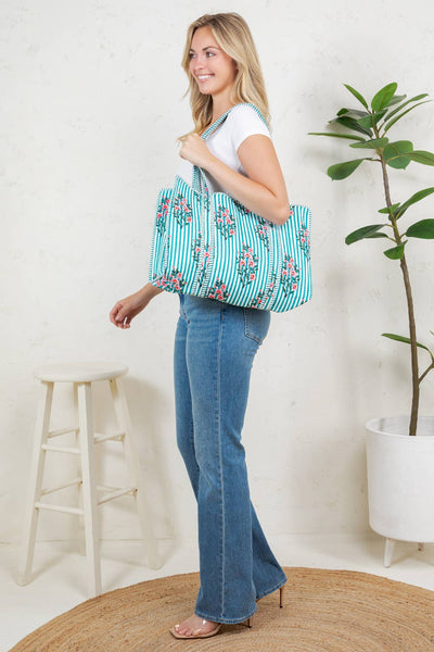 Quilted Tote Bag - Aqua Stripe