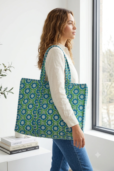 Quilted Tote Bag - Light Blue and Green