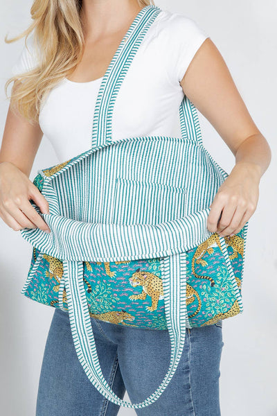 Reversible Quilted Cotton Tote Bag - Aqua Leopard