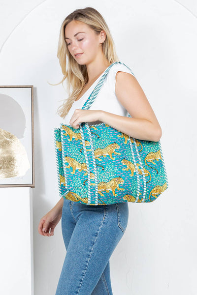 Reversible Quilted Cotton Tote Bag - Aqua Leopard