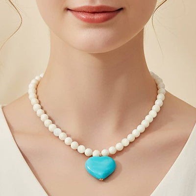 Chunky Marbled Resin Heart Charm Beaded Necklace