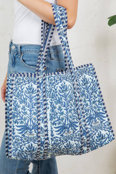 Reversible Quilted Tote Bag - Blue Floral