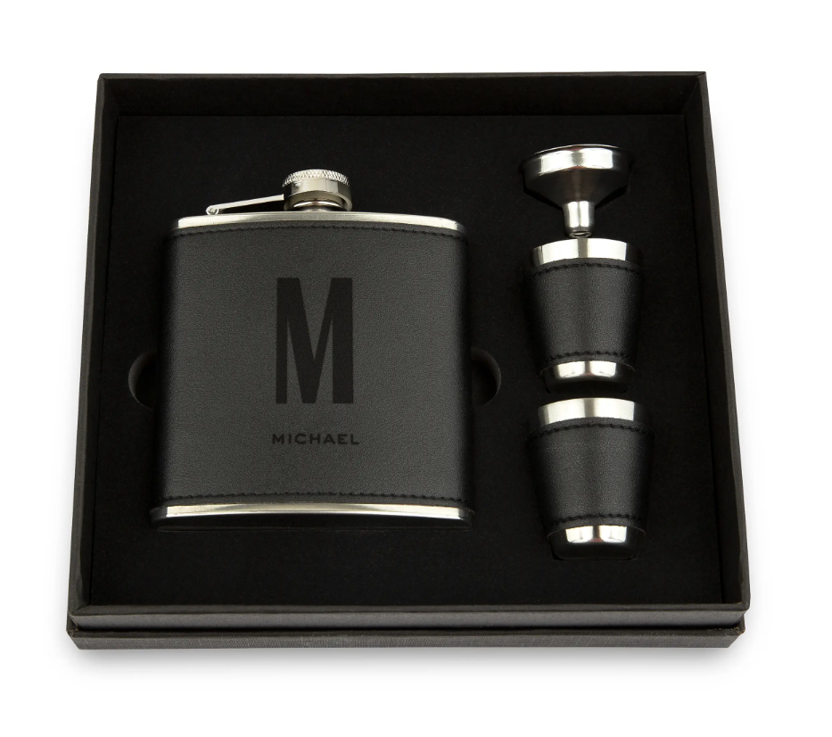 Faux Leather Wrapped Flask Gift Box Set- Sans Serif Monogram